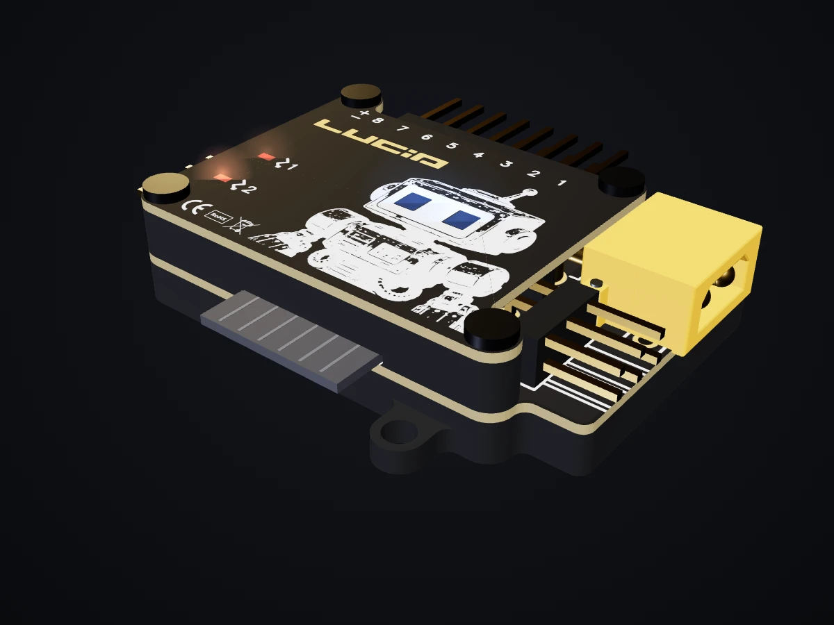 LucidLight Controller in der 3D-Ansicht: Deckplatine mit Roboter-Motiv und XT30-Anschluss